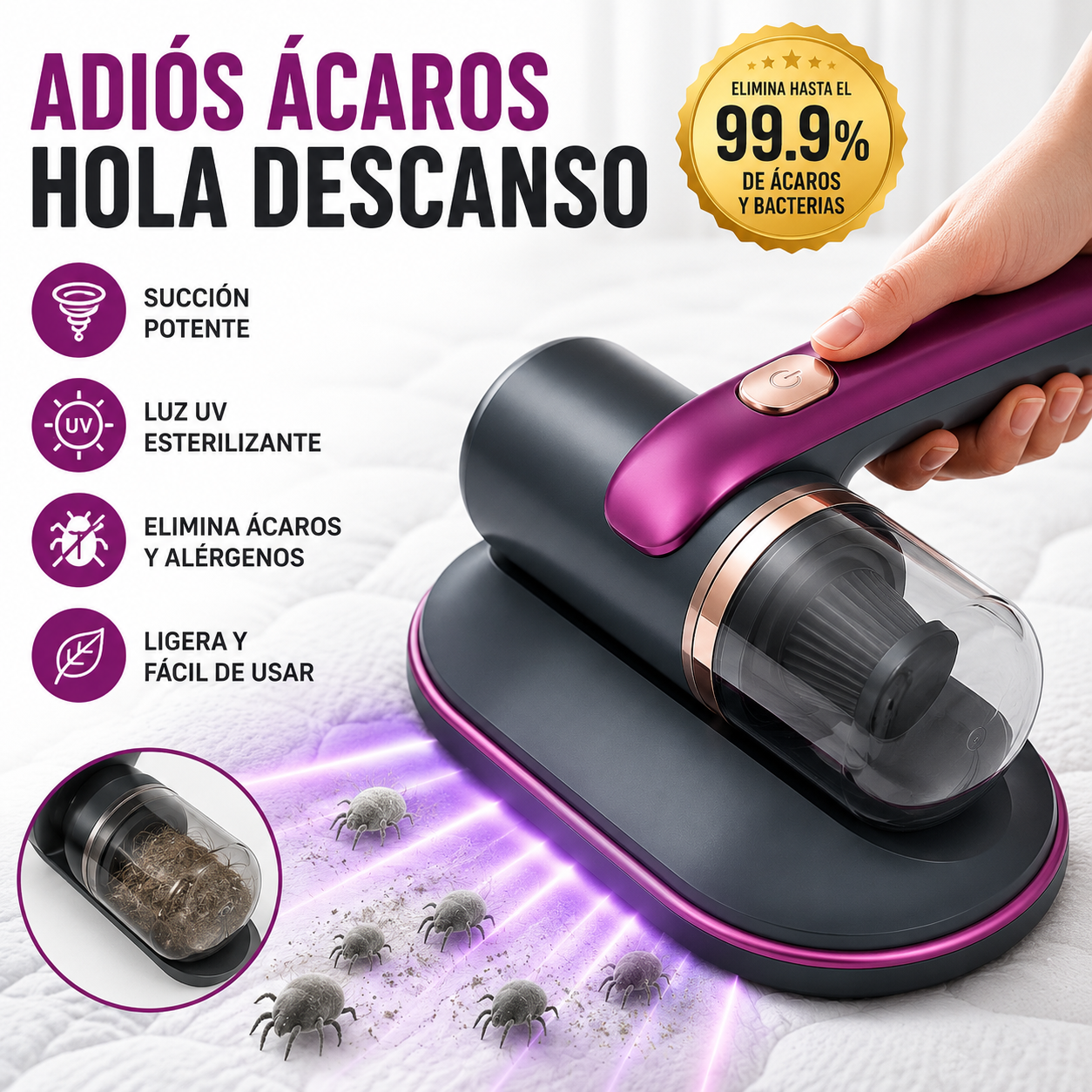 Aspiradora Anti Ácaros UV | Elimina Polvo, Ácaros y Alérgenos del Colchón